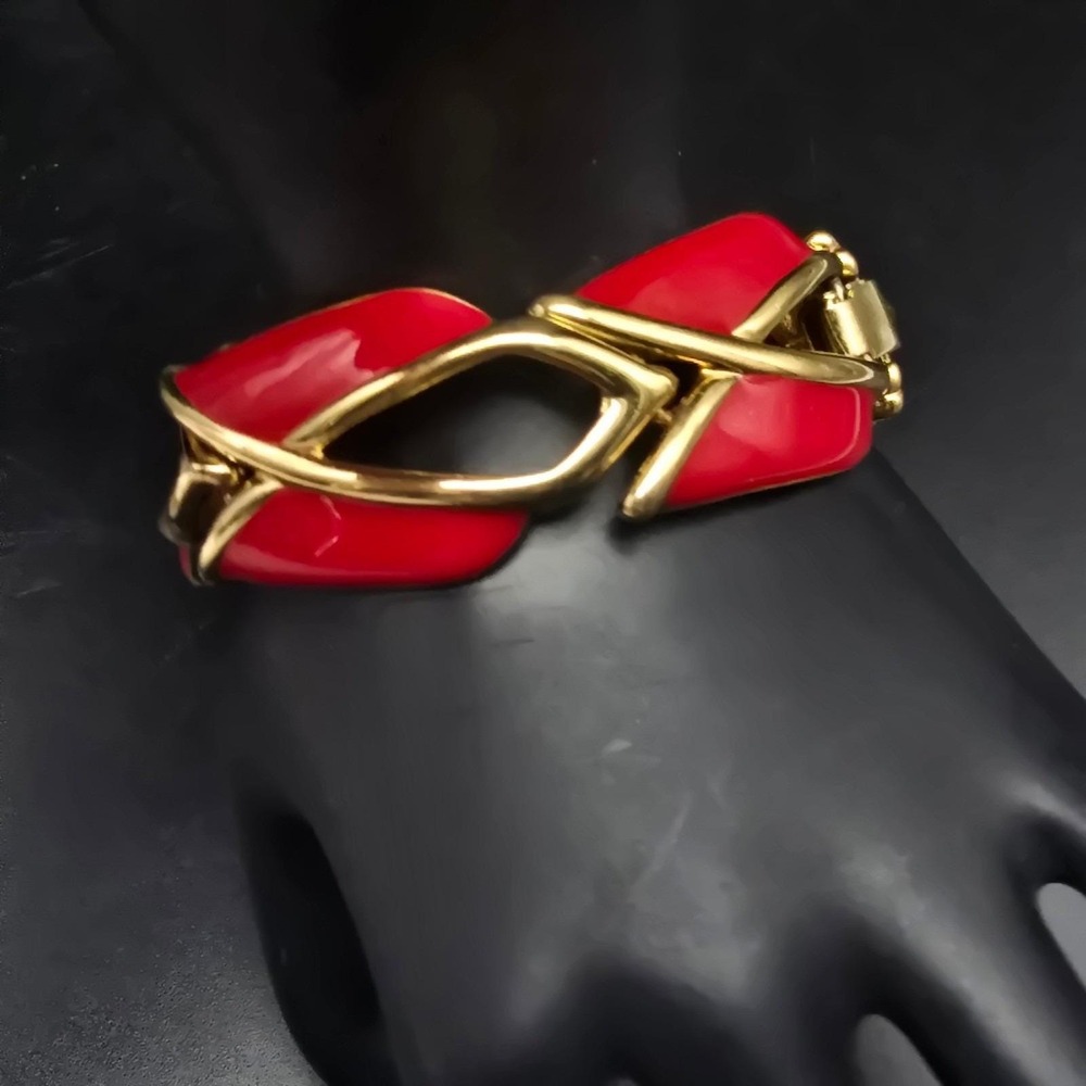Monet Red Enamel Link Bracelet Gold Tone Vintage Costume Jewelry